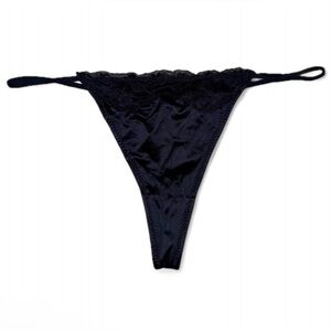NEW Satin Silk & Lace Black Thong Panties
